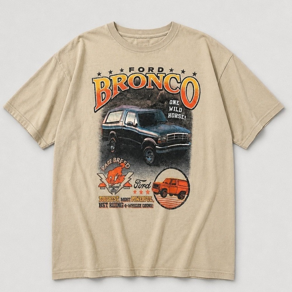 Ford Bronco Graphic T-Shirt XL Tan One Wild Horse Vintage Retro Distressed Tee
